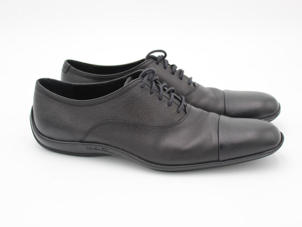 Salvatore Ferragamo Gancini Oxford Mens 10 D Cap Toe Driver Black Leather Italy